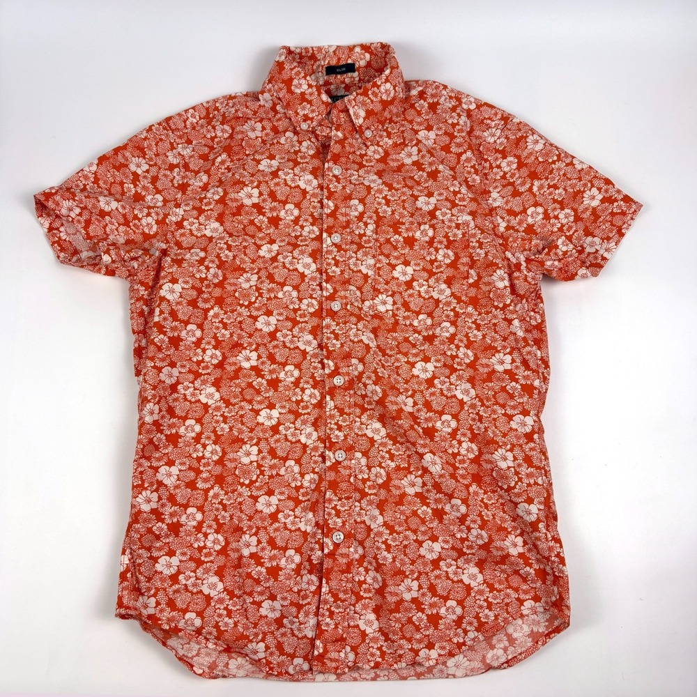J Crew Flex Washed Slim Hawaiian Floral Shirt Mens Sz S Orange White Cabana Chil